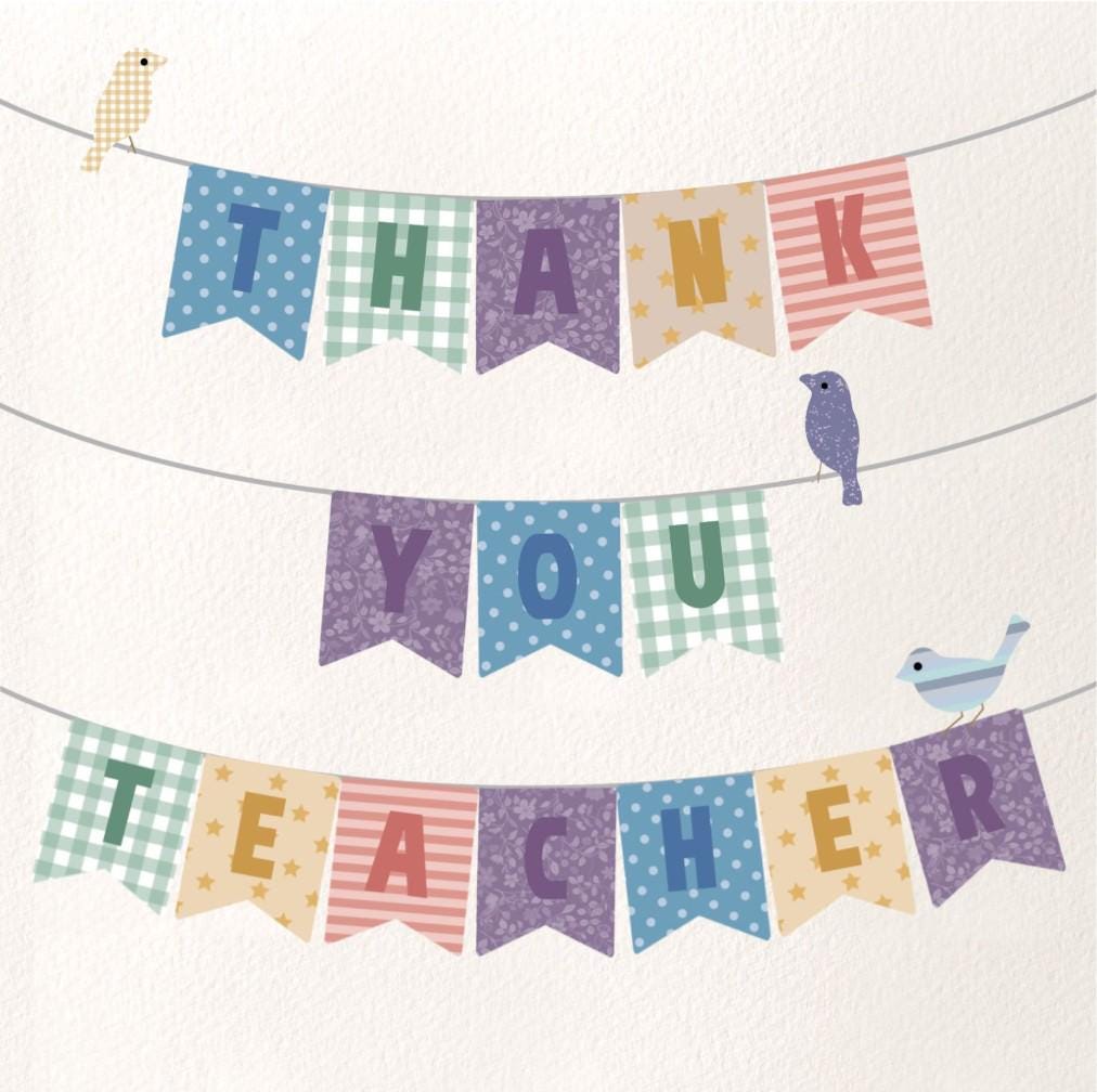 Thank You Teacher Card: Bunting & Birds Design - UK Printed