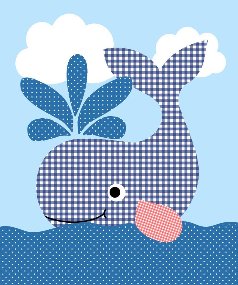 Childrens nautical wall art #3 Friendly whale, Toddler unframed picture, boys bedroom printed gallery board, picture for kids friendly whale