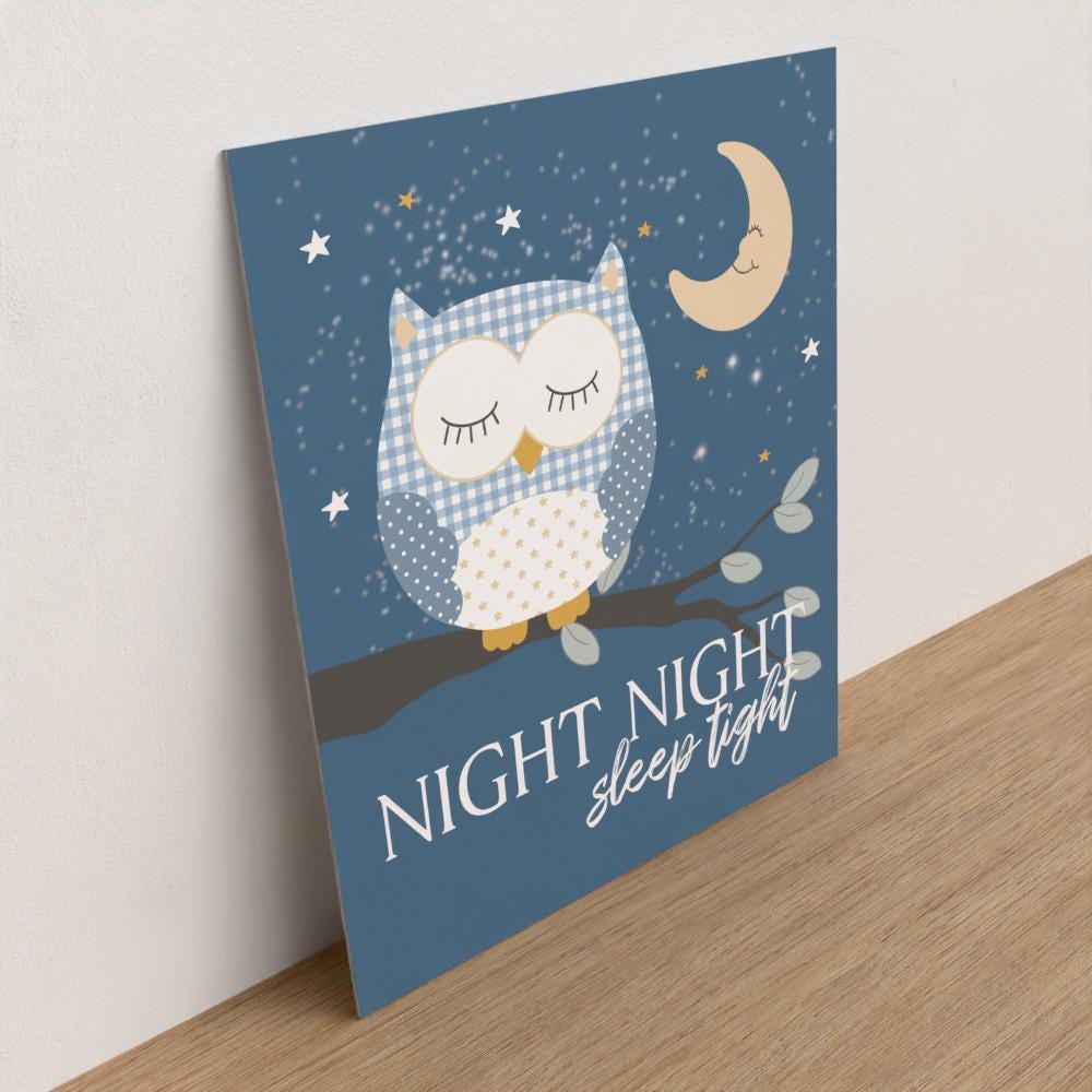 Childrens bedtime wall art #1 Night night, Childrens unframed picture, childrens printed gallery board, picture for kids room owl and moon
