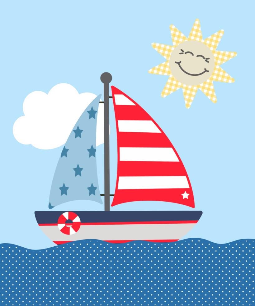 Childrens nautical wall art #1 Sailing boat, Toddler unframed picture, boys bedroom printed gallery board, picture for kids sailing boat