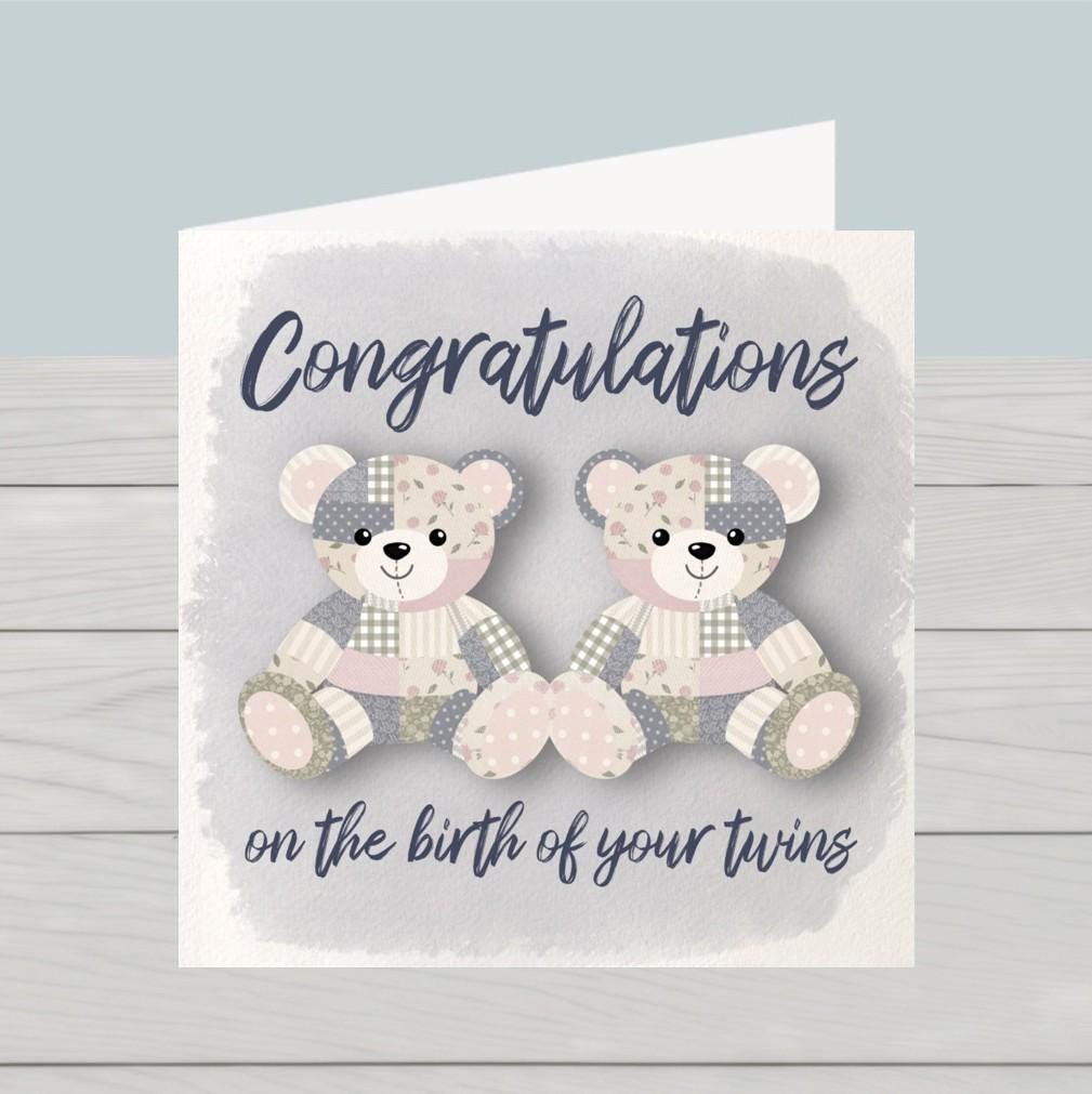 New baby twins card two teddybears