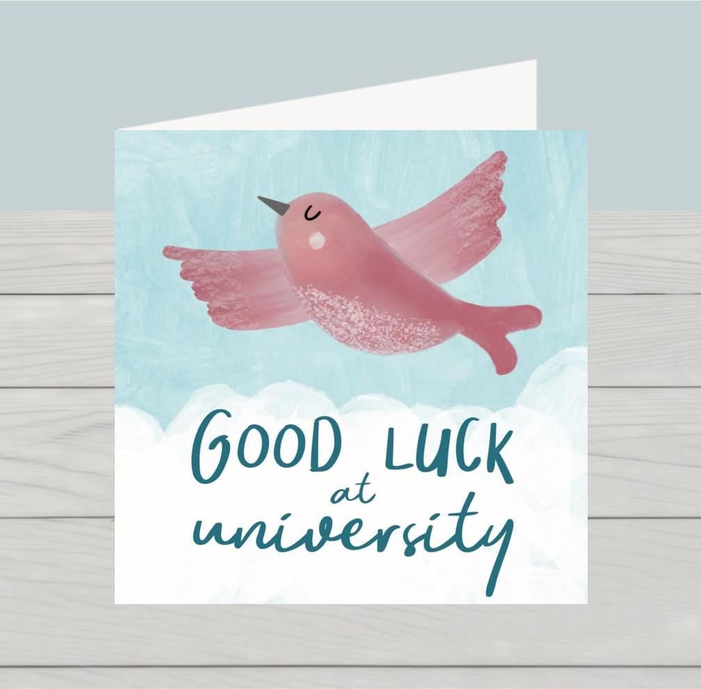 Good Luck at University card bird flying high