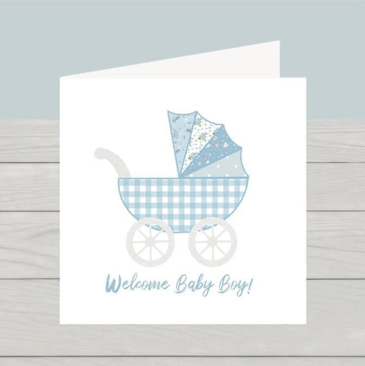 Blue pram new baby boy card