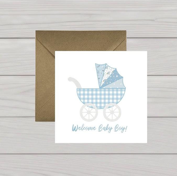 Blue pram new baby boy card