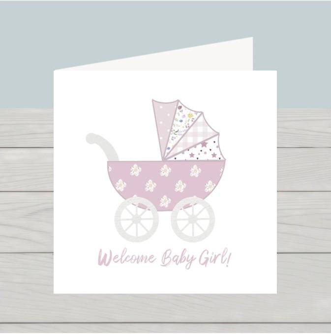 Pink pram baby girl card