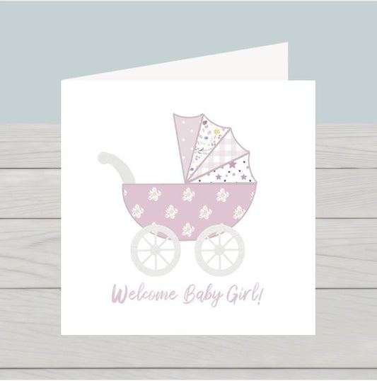 Pink pram baby girl card