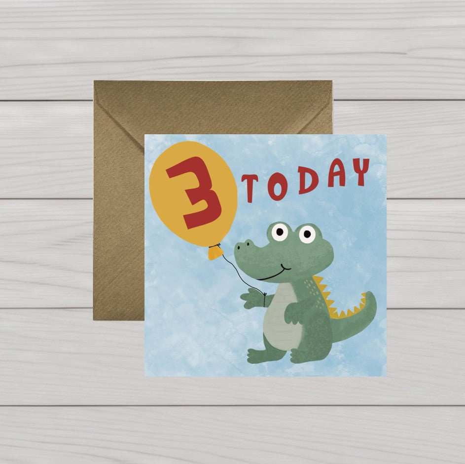 Happy Birthday children’s card crocodile with balloon, ages 1, 2, 3, 4 or 5