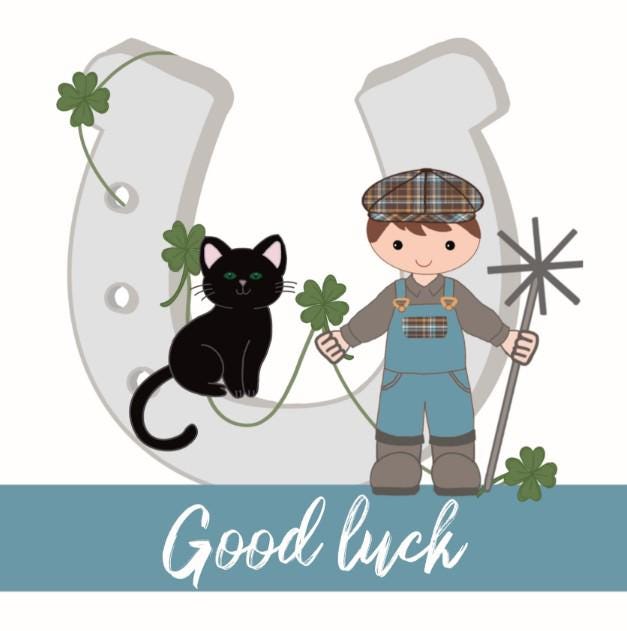 Good Luck Card: Horseshoe, Black Cat, Four Leaf Clover