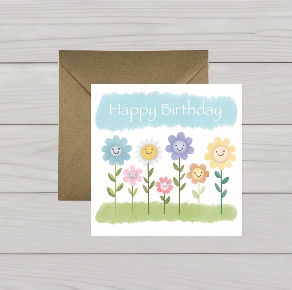 Happy Birthday card smiley flowers