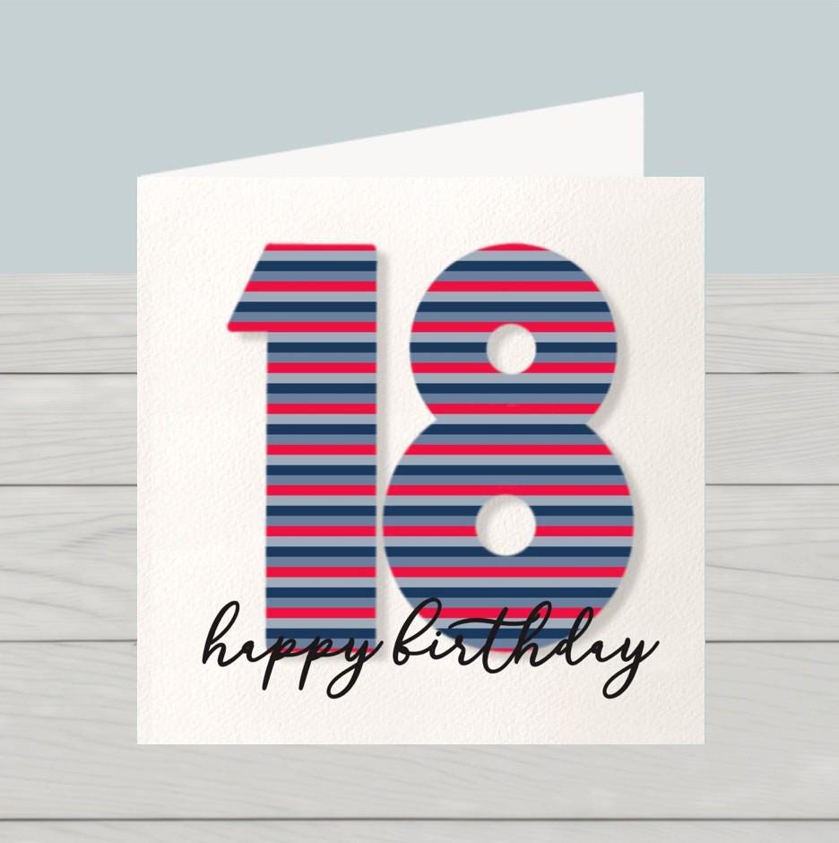 Red & Blue Striped 18th Birthday Card: Classic Design