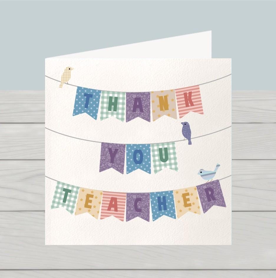 Thank You Teacher Card: Bunting & Birds Design - UK Printed