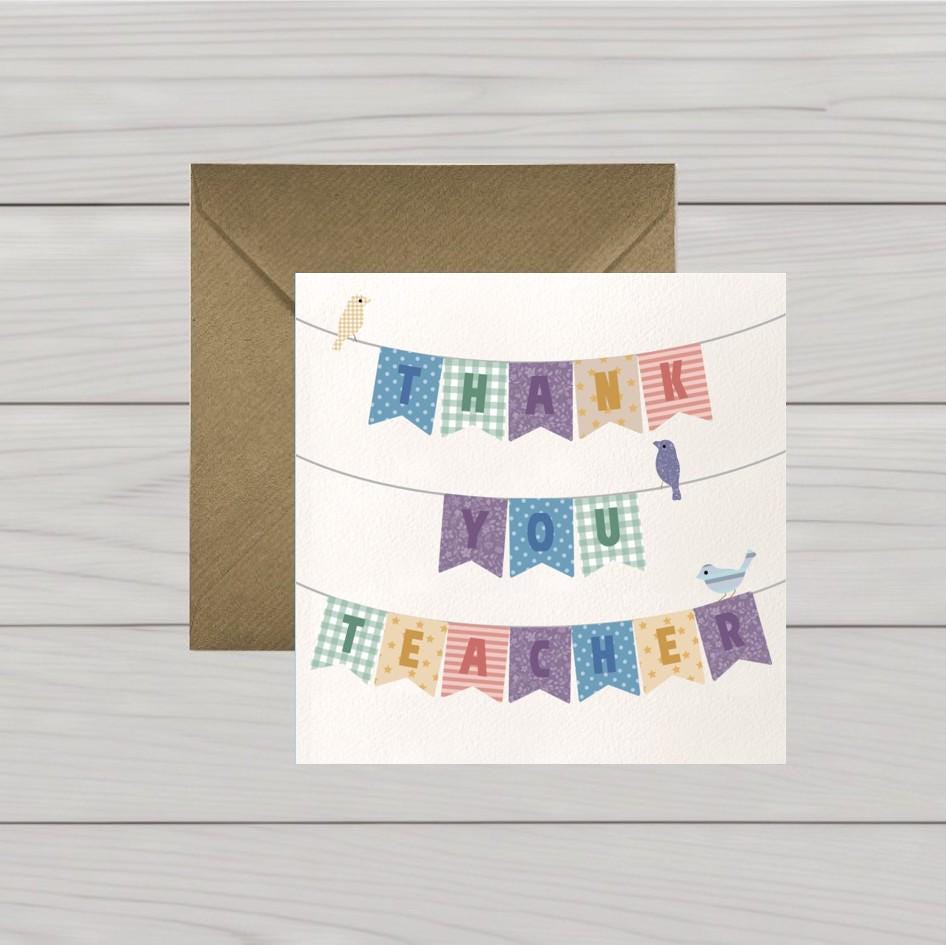 Thank You Teacher Card: Bunting & Birds Design - UK Printed