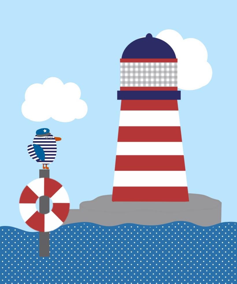 Nautical Lighthouse Children's Wall Art: Primary Colors, 10x12 Unframed Print