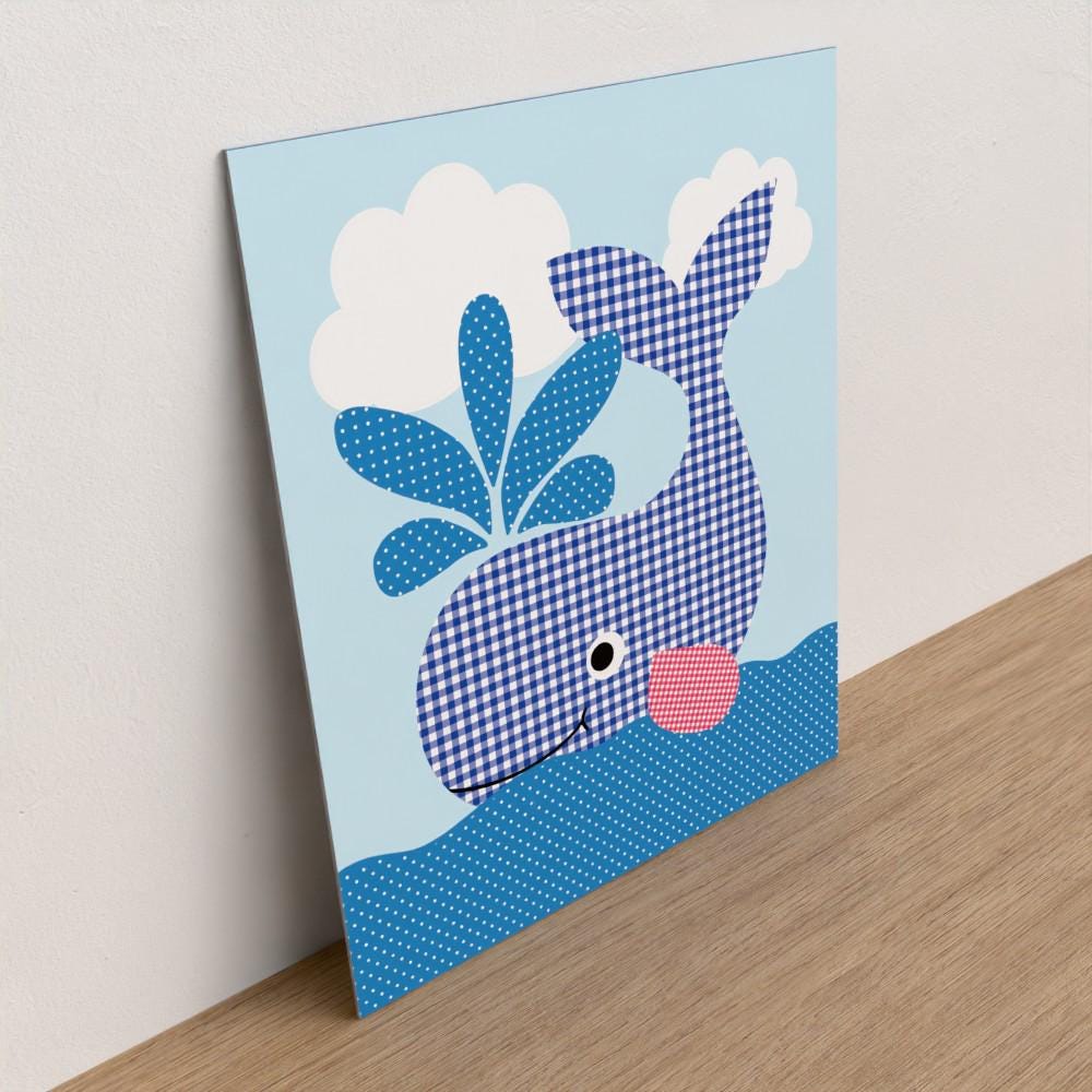 Childrens nautical wall art #3 Friendly whale, Toddler unframed picture, boys bedroom printed gallery board, picture for kids friendly whale