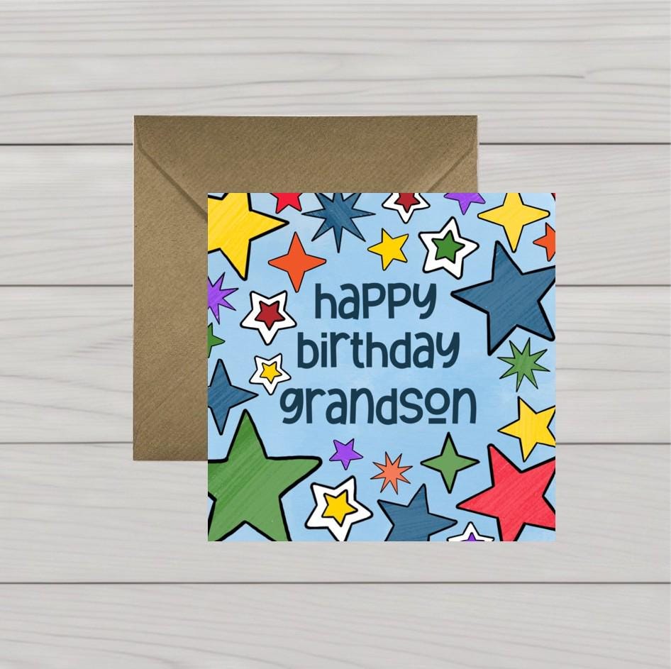 Happy Birthday Card Grandson, coloured stars