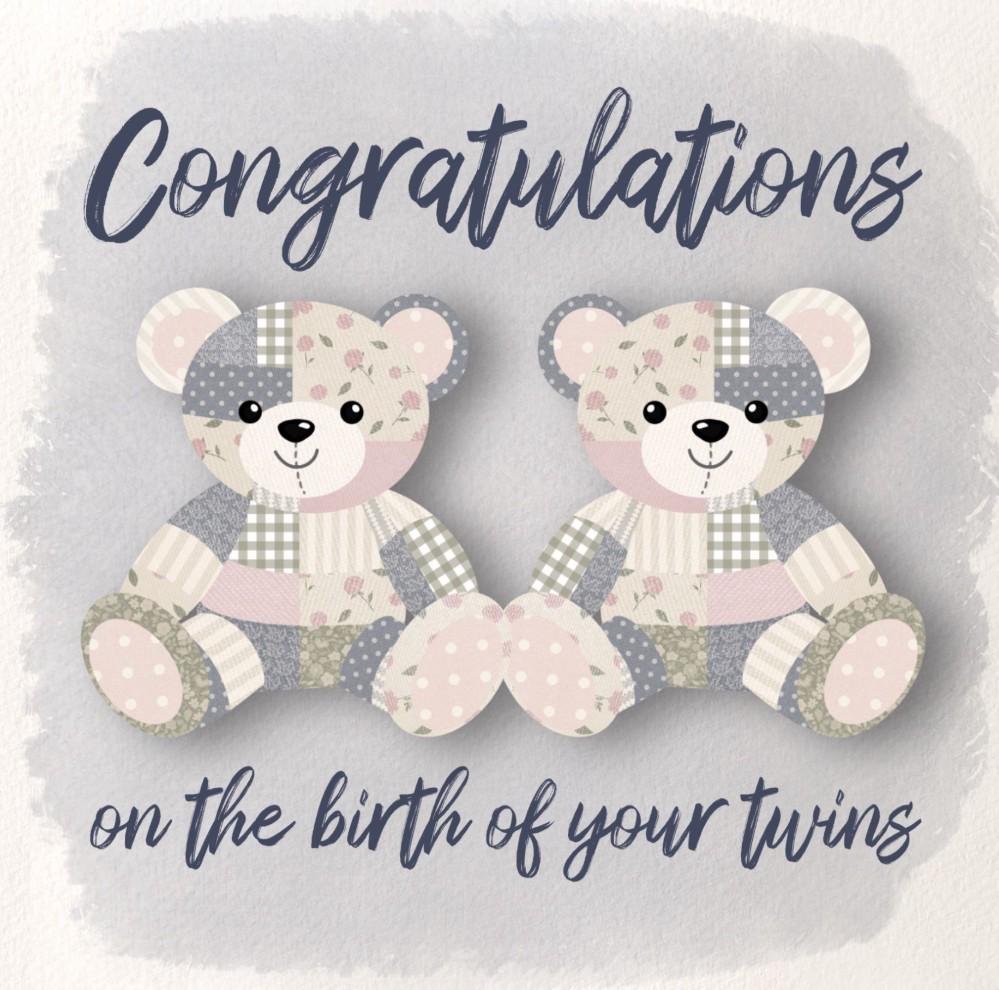 New baby twins card two teddybears