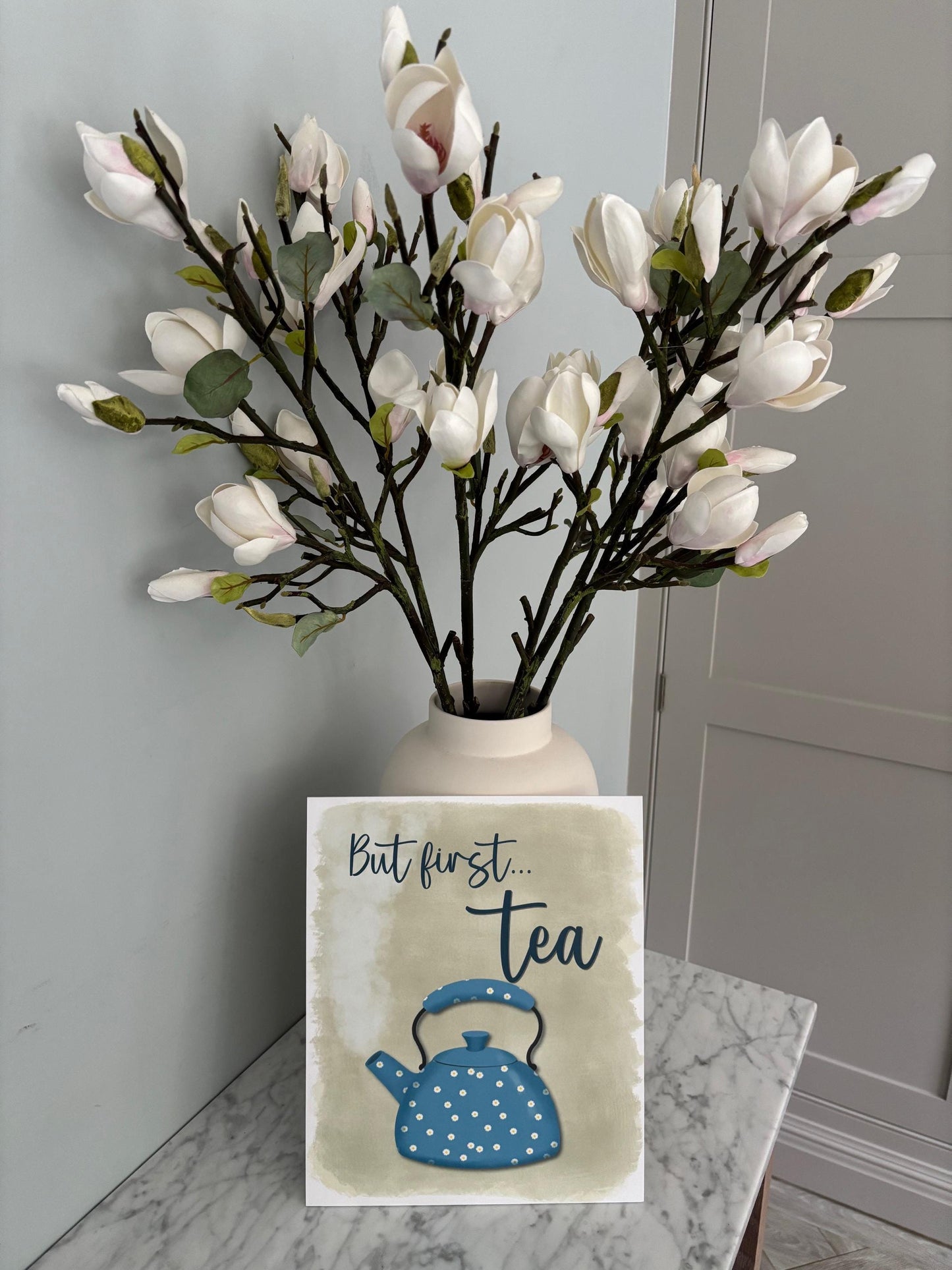 Kitchen wall art #5 But first tea, Kitchen unframed picture, kitchen printed gallery board, picture for kitchen kettle, Kitchen print kettle