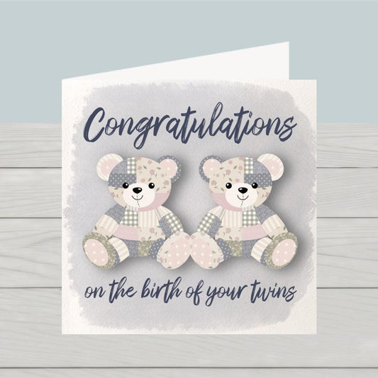 New baby twins card two teddybears