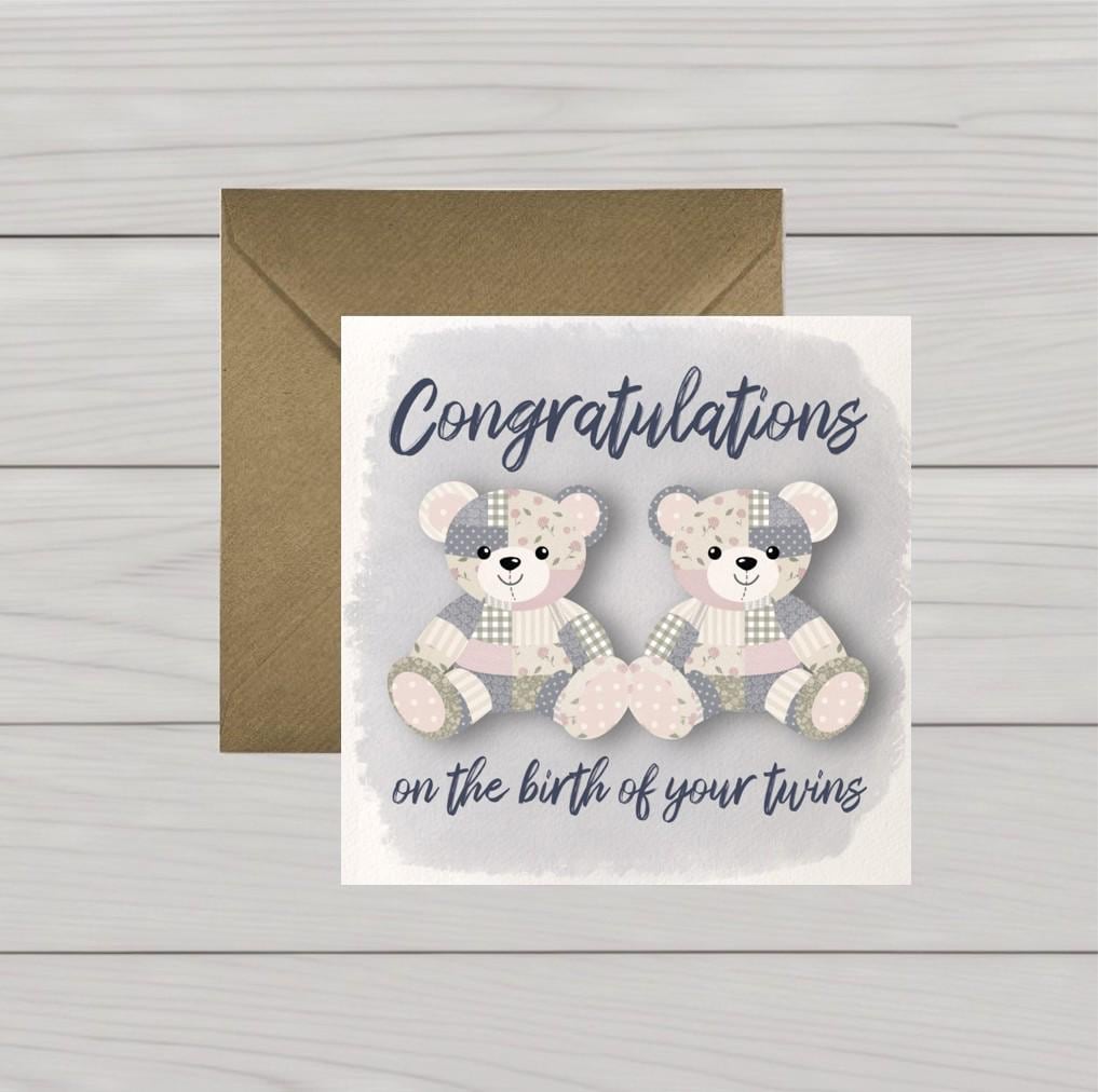 New baby twins card two teddybears