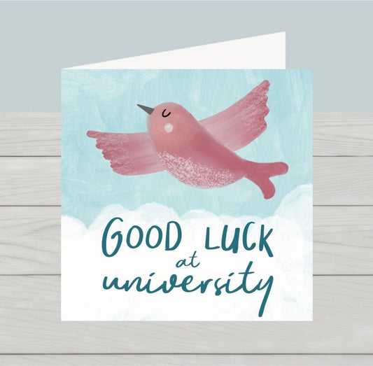 Good Luck at University card bird flying high