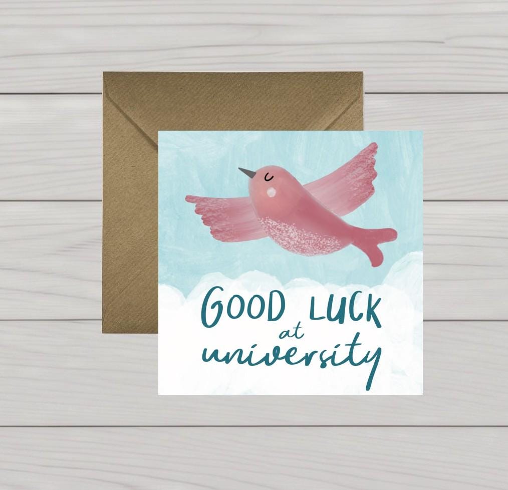 Good Luck at University card bird flying high