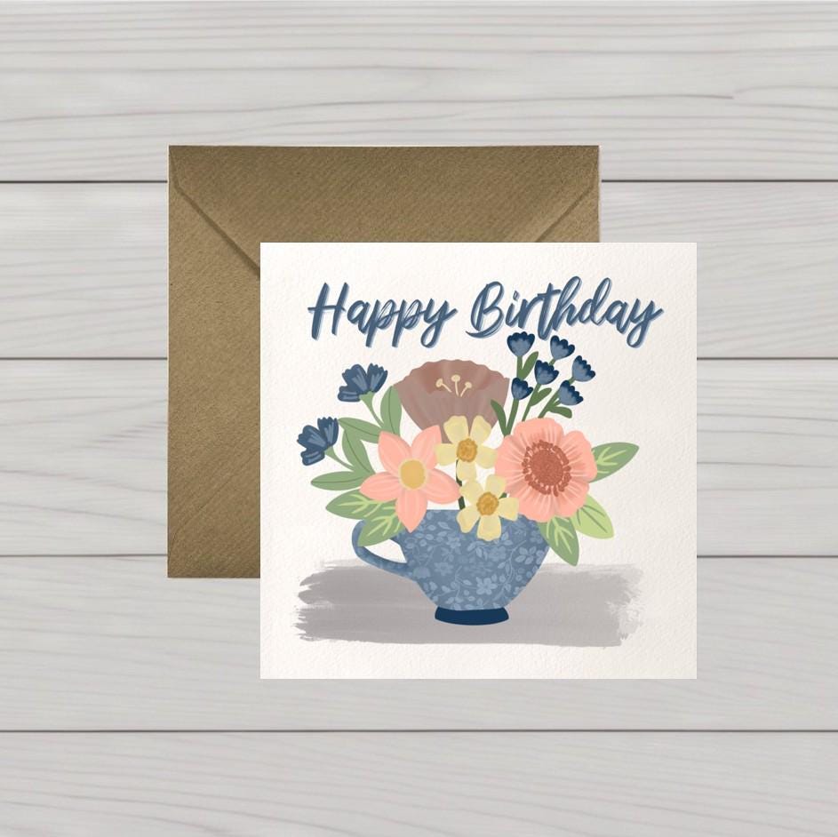 Happy Birthday Card with vase of flowers: Classic birthday card for her