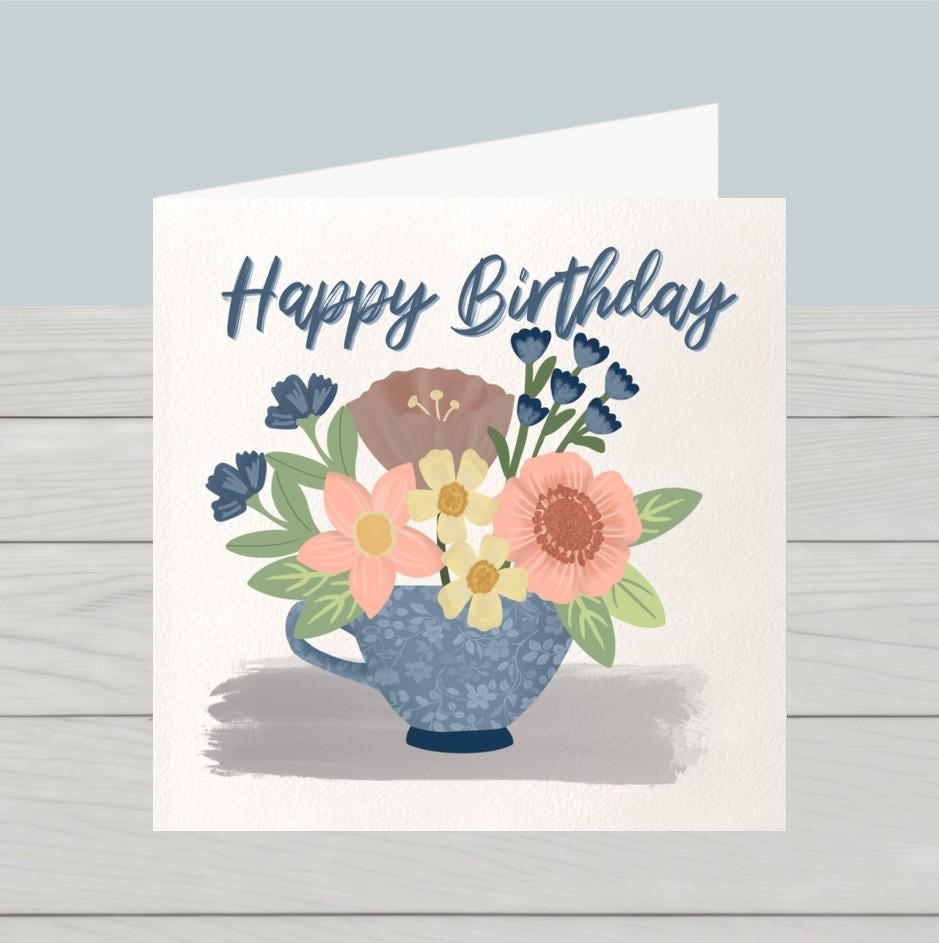 Happy Birthday Card with vase of flowers: Classic birthday card for her