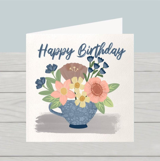Happy Birthday Card with vase of flowers: Classic birthday card for her
