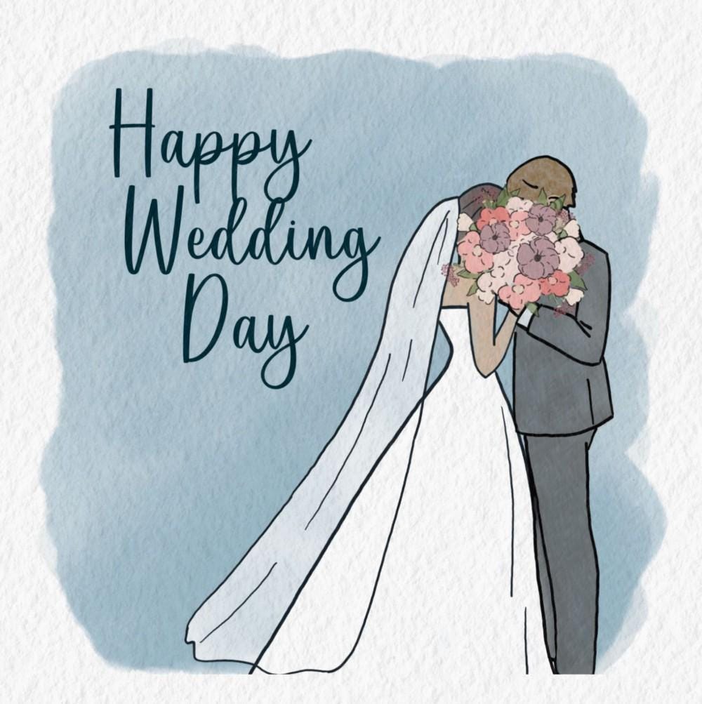 Happy Wedding Day Card with classic bride and groom design