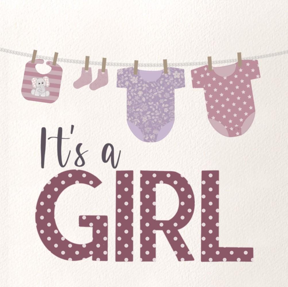 Newborn baby girl card: Congratulations baby girl card, pink baby clothes on washing line