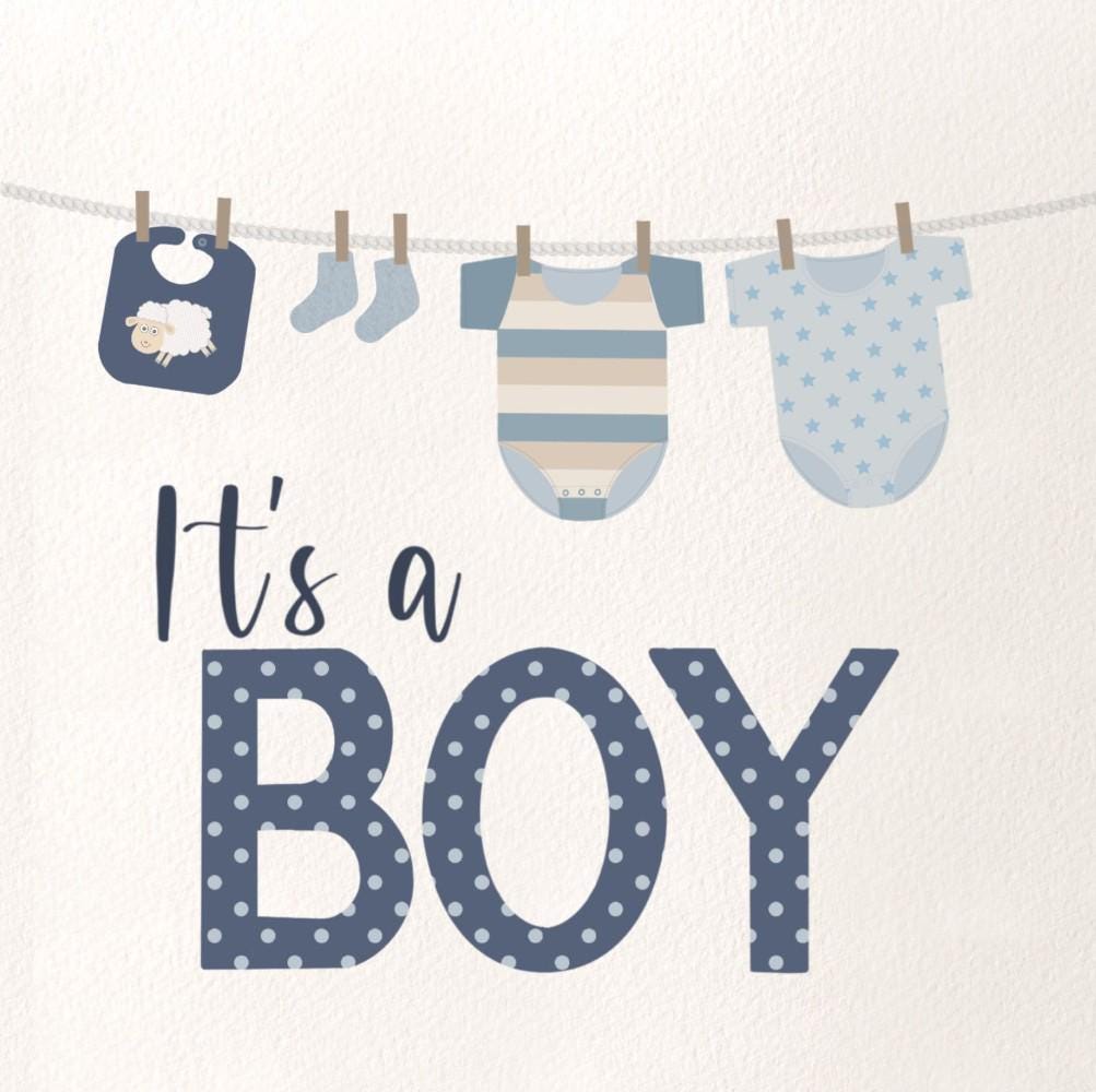 Newborn baby boy card: Congratulations baby boy card, blue baby clothes on washing line