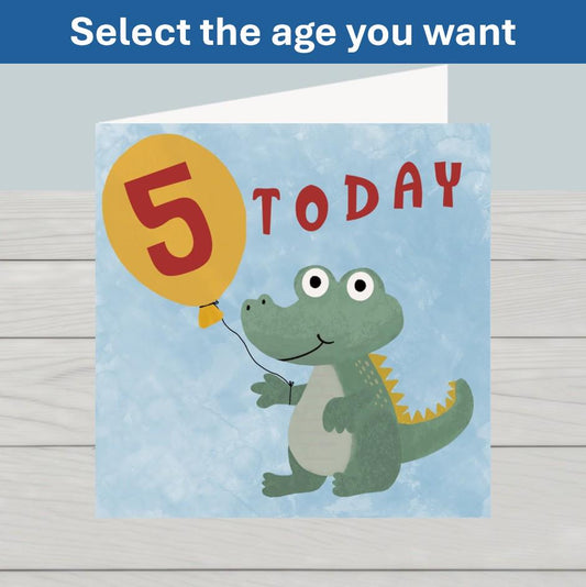 Happy Birthday children’s card crocodile with balloon, ages 1, 2, 3, 4 or 5