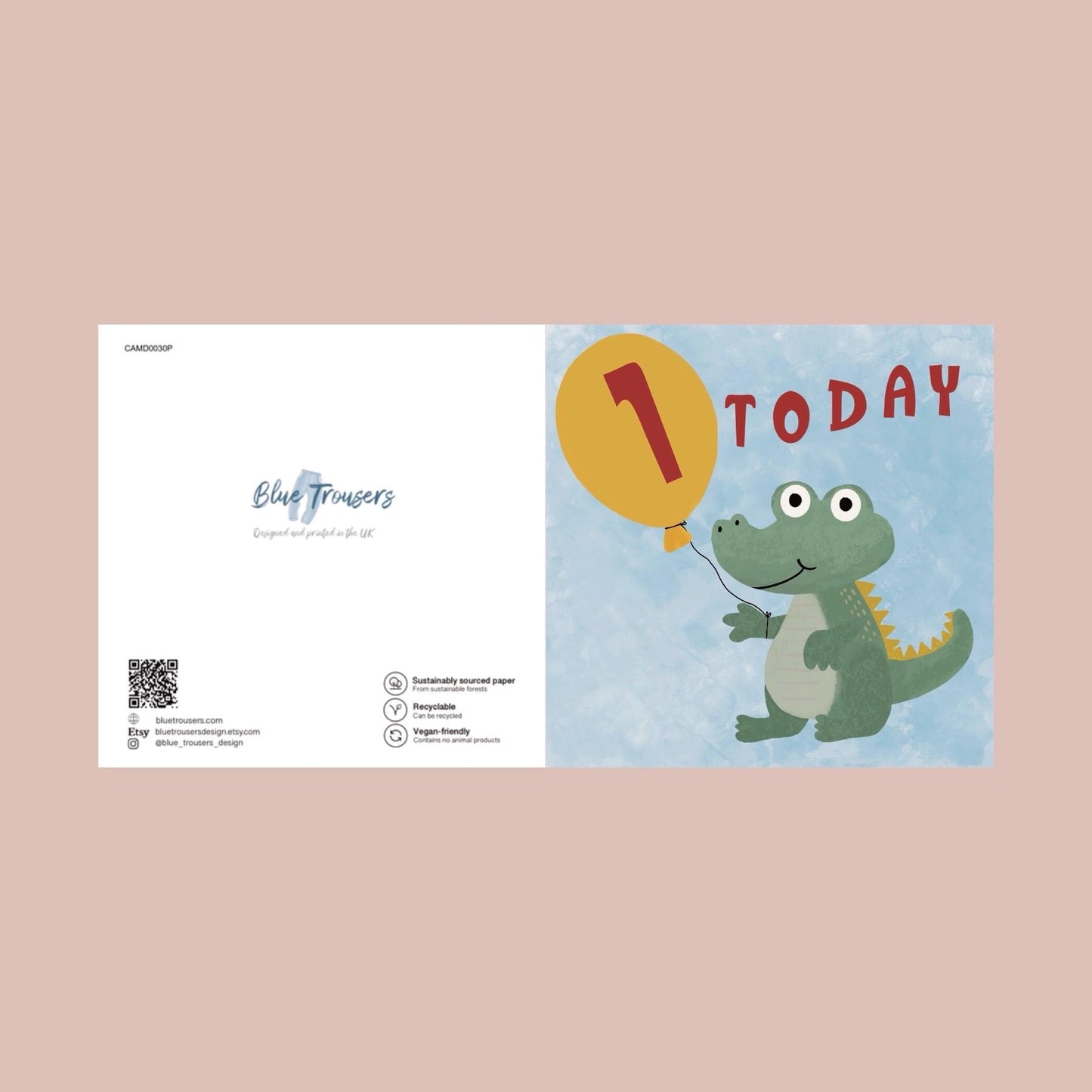 Happy Birthday children’s card crocodile with balloon, ages 1, 2, 3, 4 or 5